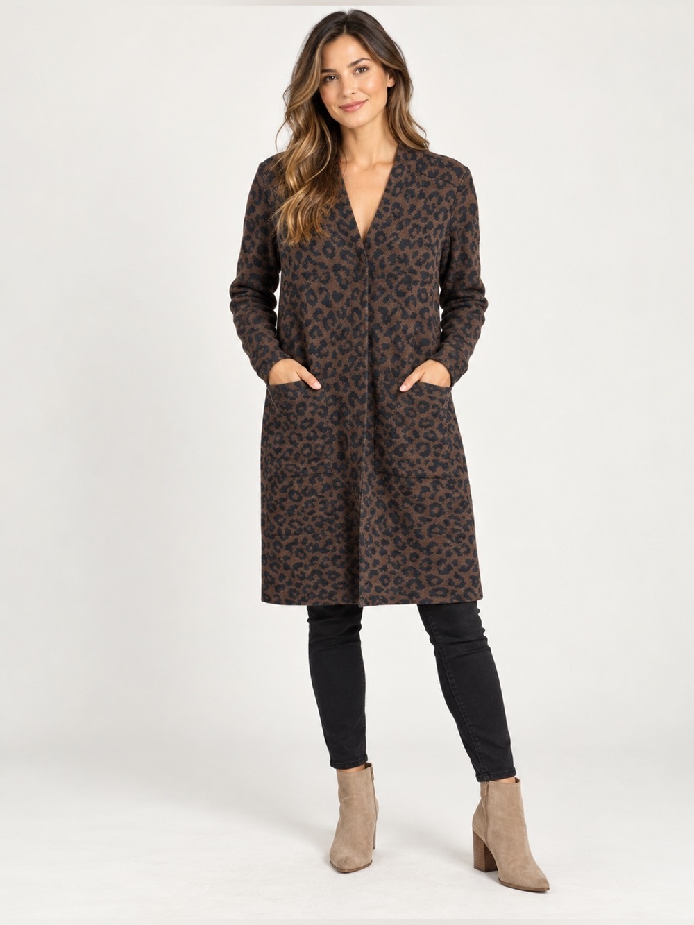 J. McLaughlin Wool Blend Brown/Black Animal Print Longline Snap Front Cardigan